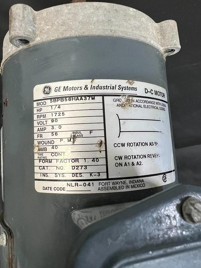 Used GE Motors 5BPB56HAA37M 1/4HP, 1725 RPM, 90 Volts, 3 Amps, D-C Motor