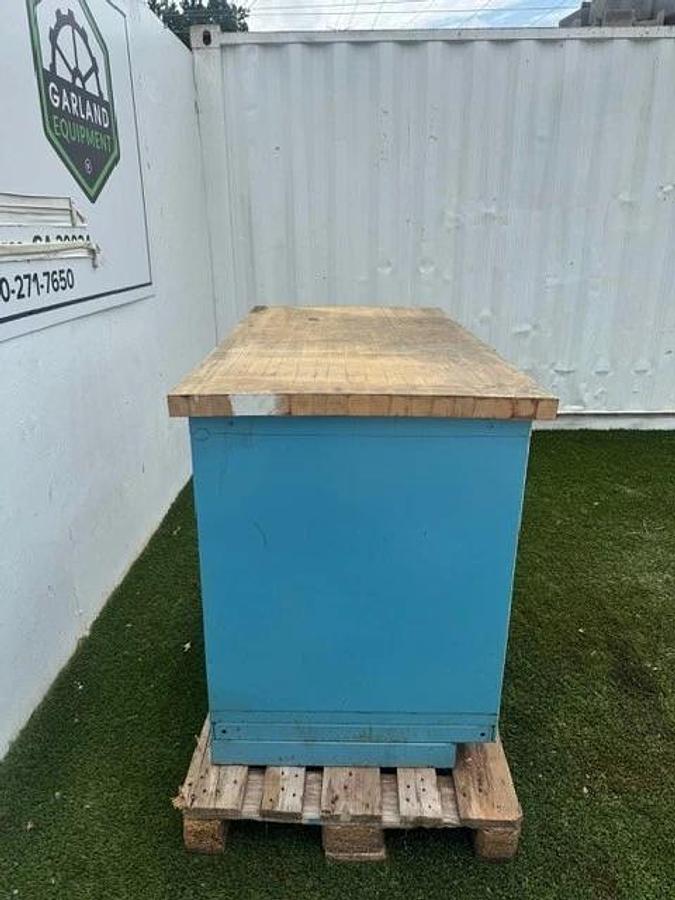 Used Stanley Vidmar 60” x 30” Butcher Top Desk, 5-Drawer Cabinet 30” x 28” Cabinet