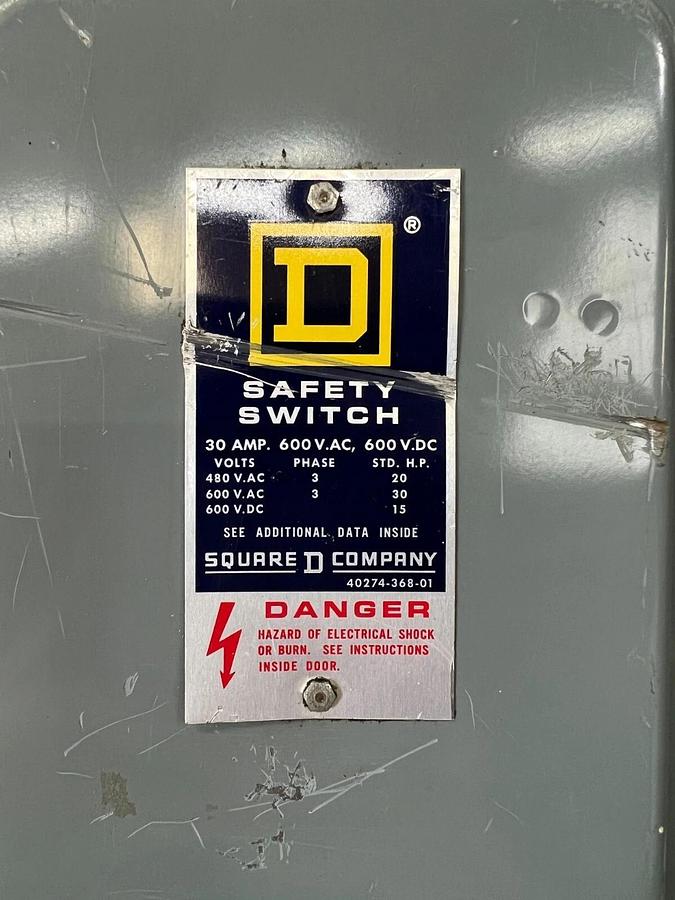 Used Square D HU361 Safety Switch 30 Amp, 600 VAC, 3 Phase
