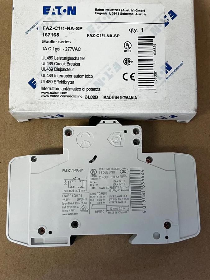 Used Eaton FAZ-C1/1-NA-SP Circuit Breaker 1A, 1 Pole 277VAC