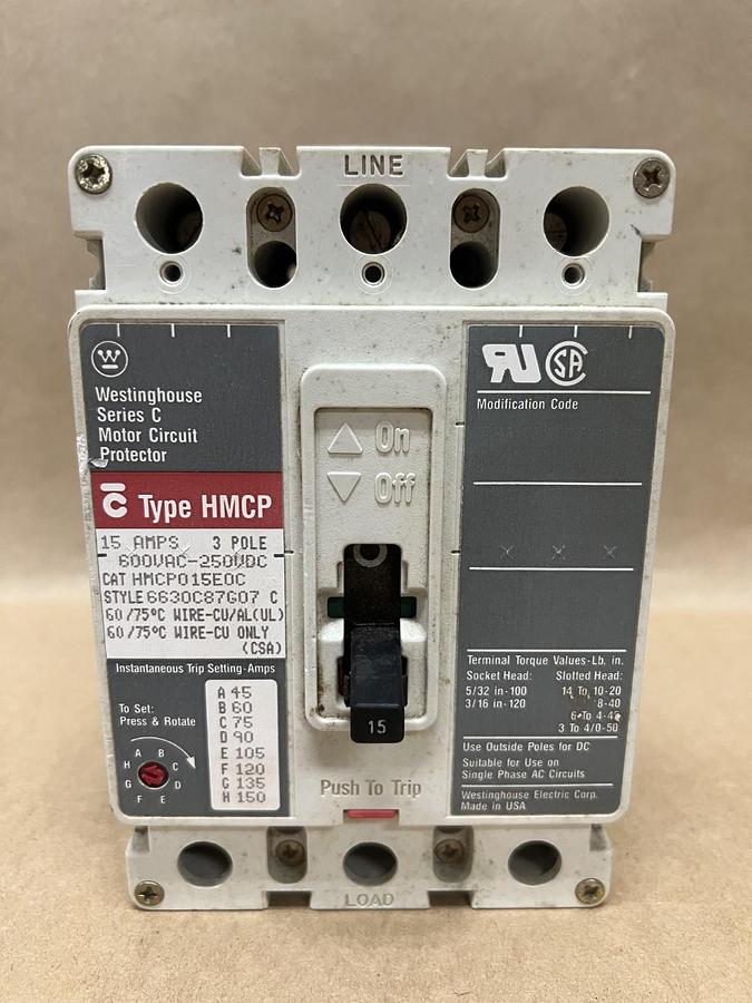 Used Westinghouse HMCP015E0C 15A, 3 Pole Motor Circuit Protector (Style: 6630C87G07)