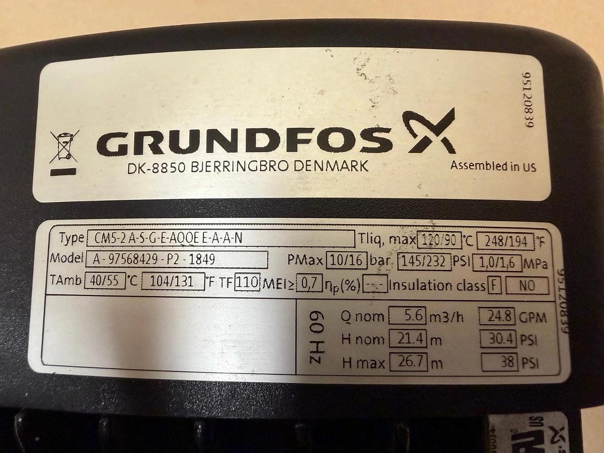 Used GRUNDFOS A-97568429-P2-1849 CM 5-2 A-S-G-E-AQQE E-A-A-N Horiz. End-Suction Pump