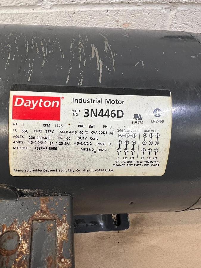 Used Dayton 3N446D 1Hp, 1725RPM, 3Ph, 60Hz Industrial Motor w/ Viking 1928298 Pump
