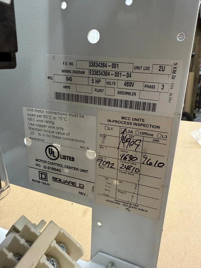 Used Square D 80438-738-01 Motor Control Center Unit, 5Hp 480V, 3-Ph