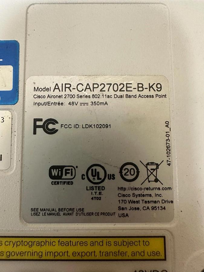 Used Cisco AIR-CAP2702E-B-K9 Wireless Access Point, No Power Cable
