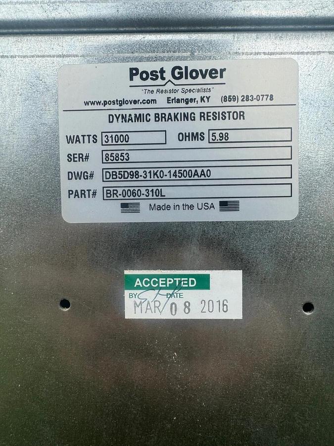 Used Post Glover DB5D98-31K0-14500AA0, 5.9 OHMS, 31,000 W Dynamic Braking Resistor