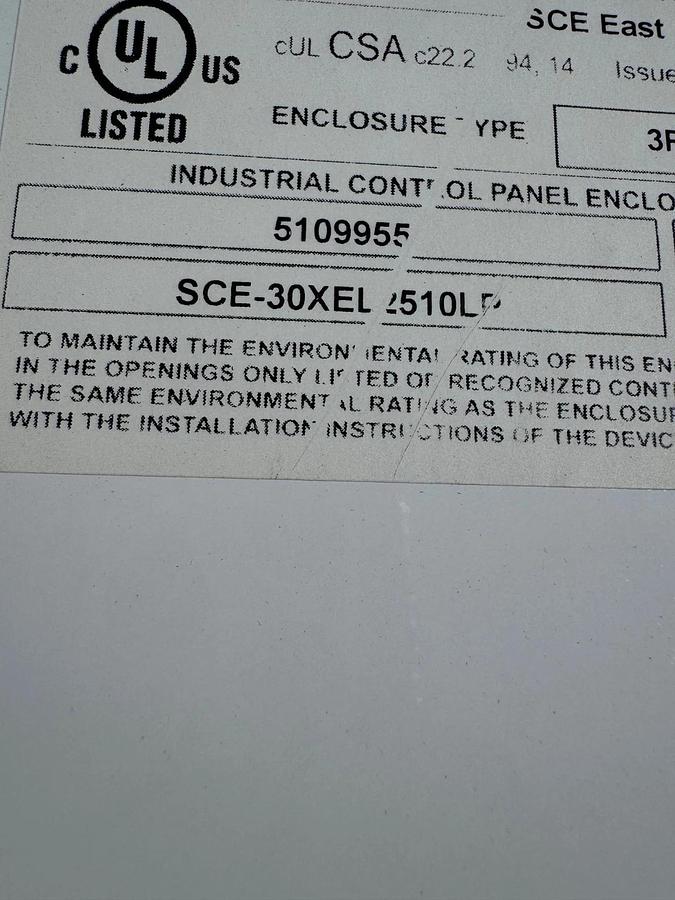 Used Saginaw Control & Engineering SCE-30XEL2510LP XEL LP Enclosure H:30”W:25.38”D:10