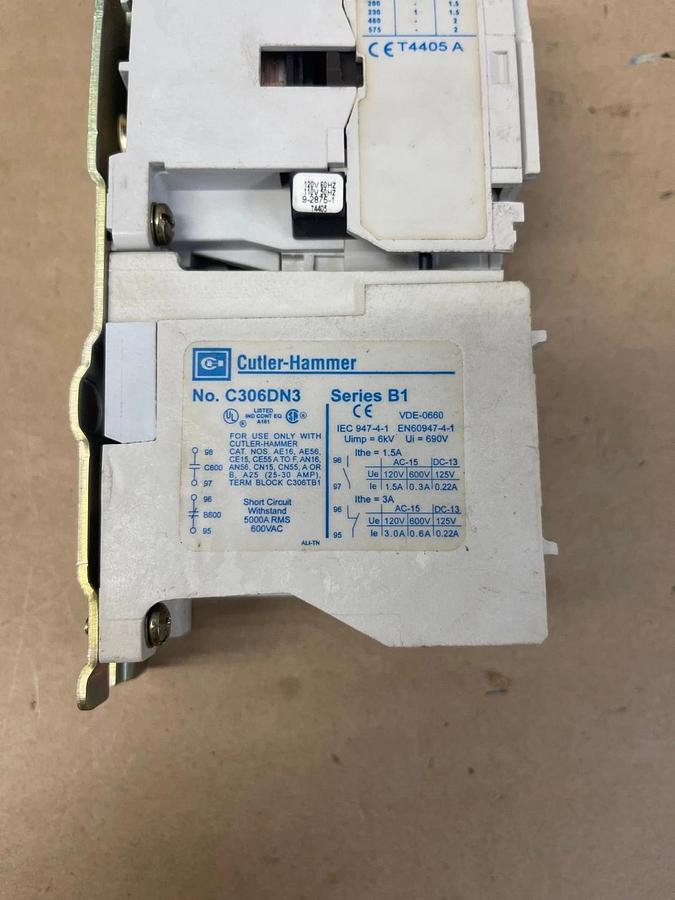 Used Cutler-Hammer AN16ANO Motor Starter, Ser C1, 9A 600V w/ C306DN3 Ser B1 Relay