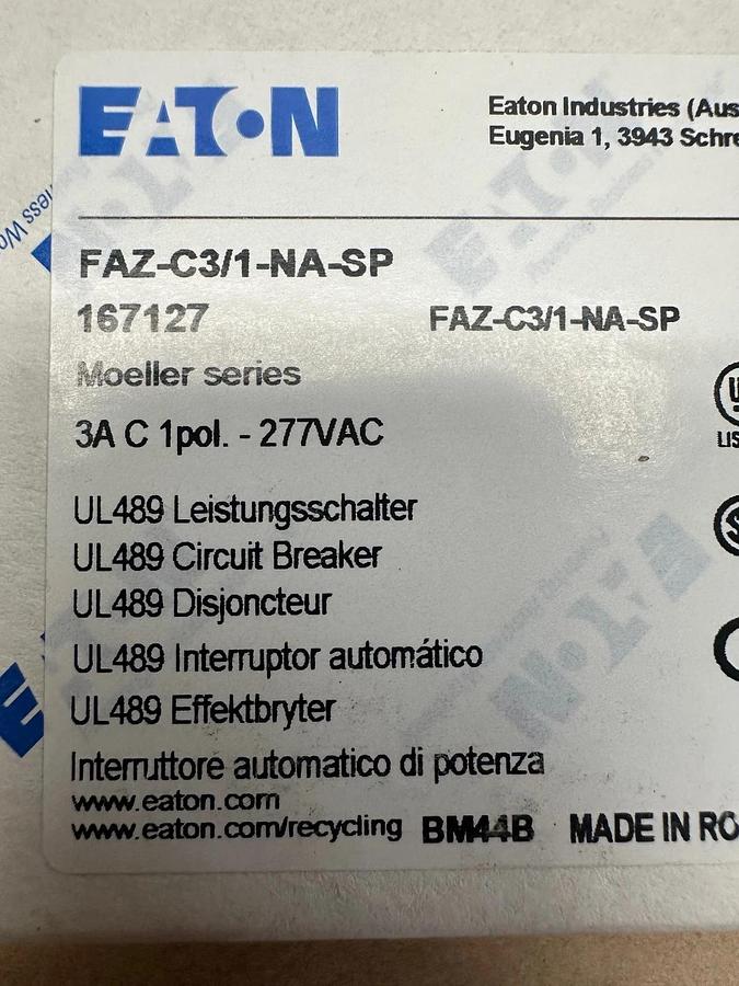 Used Eaton FAZ-C3/1-NA-SP Circuit Breaker 3A 1 Pole 277VAC