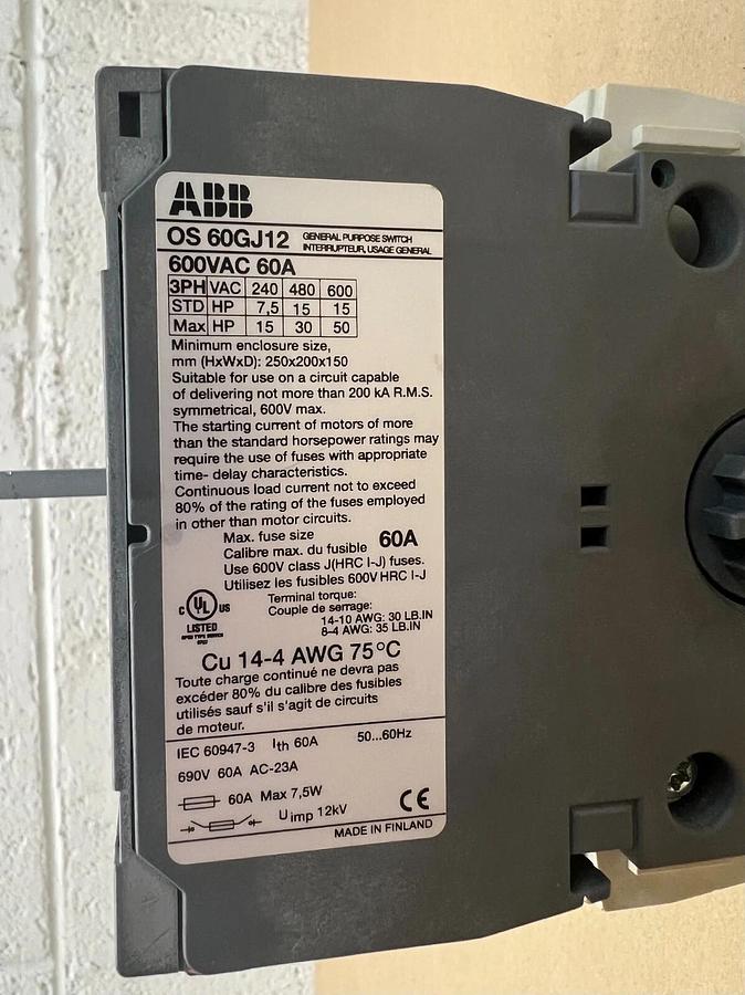 Used ABB OS 60GJ12 600 VAC, 60A General Purpose Switch