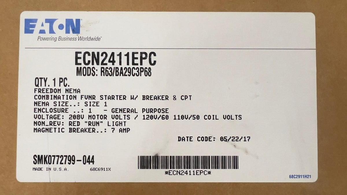 Used Eaton Cutler-Hammer ECN2411EPC Freedom NEMA Combination FUNR Starter w Breaker