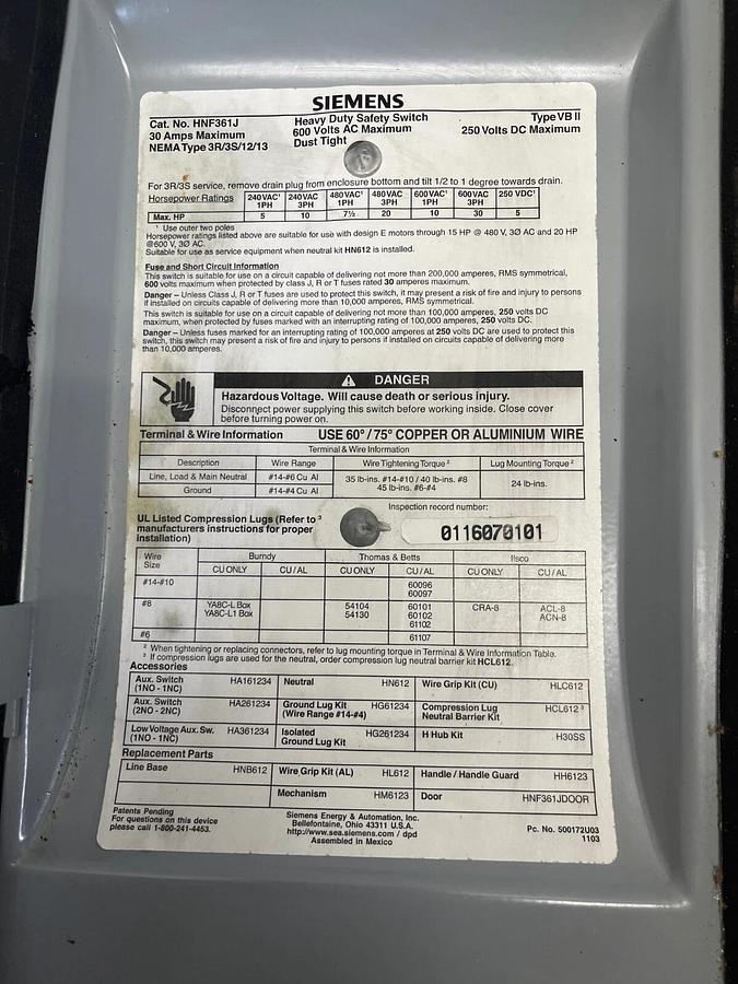 Used Siemens HNF361J Heavy Duty Safety Switch, 30 A, 600 VAC, 250 VDC