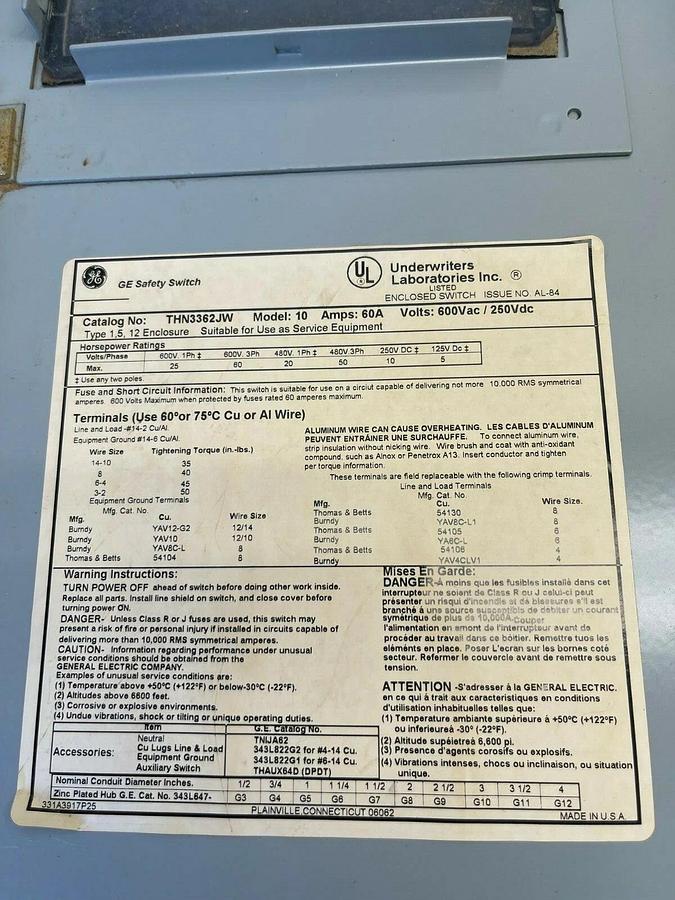 Used General Electric THN3362JW Safety Switch Model: 10, 60 Amp