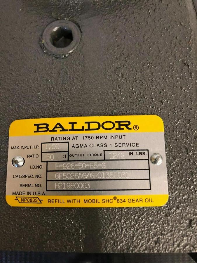 Baldor F-926-50-B5-G Right Angle Speed Reducer Ratio 50:1