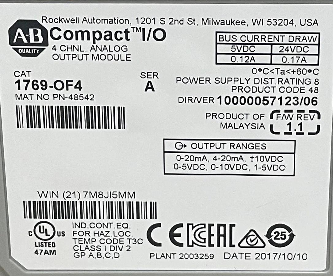 Used Allen Bradley 1769-OF4, 4 Channel Output Module, Compact I/O w/ 1769-ECR