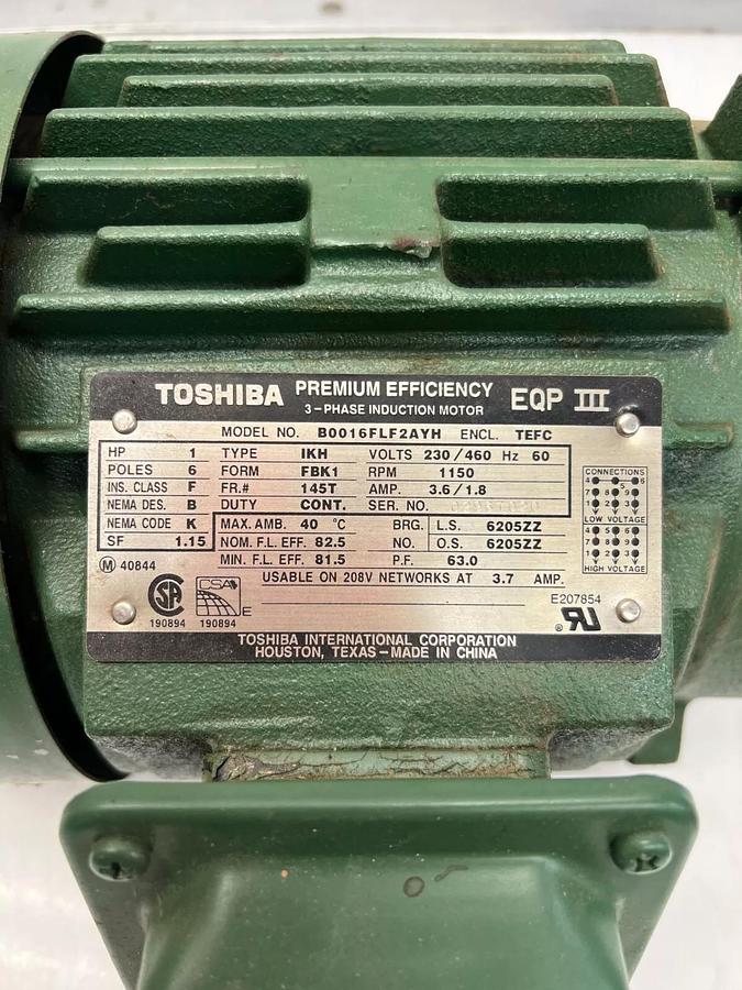 Used Toshiba B0016FLF2AYH 1HP, 1150 RPM, 6 Pole, 230/460V Premium Efficiency Motor