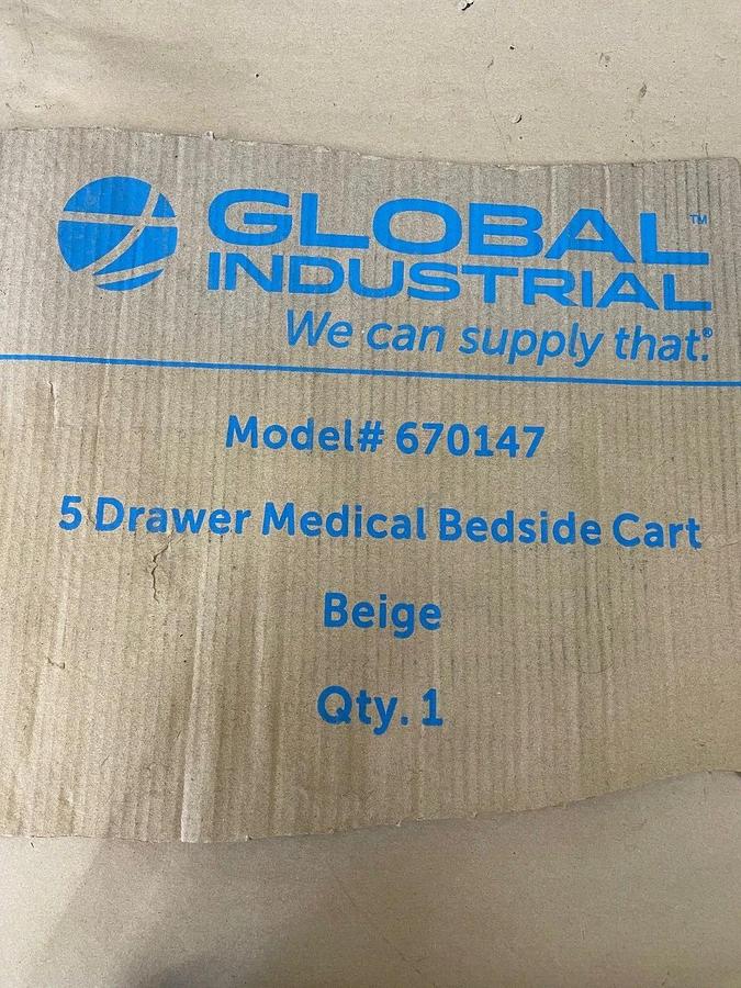 Used Global Industries 670147, 5 Drawer Medical Bedside Cart, W:24-1/2” D:13" H:22"
