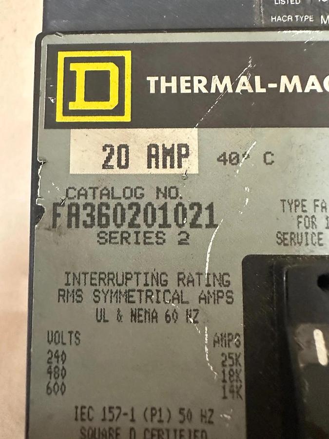 Used Square D FA360201021 20A Thermal-Magnetic Circuit Breaker