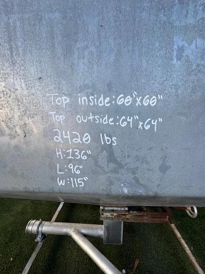 Used Industrial Hopper 60”x60” Top Inlet, 8.5”x8.5” Outlet, 43° Slope, 195' Sq Hopper