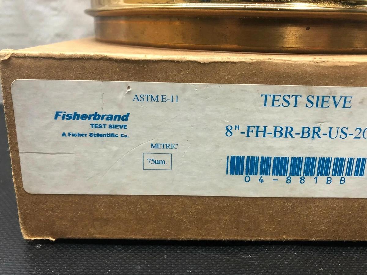 Used Fisher Scientific Brass Test Sieve, No. 200, Pore Size: 75 um, 8” Diameter