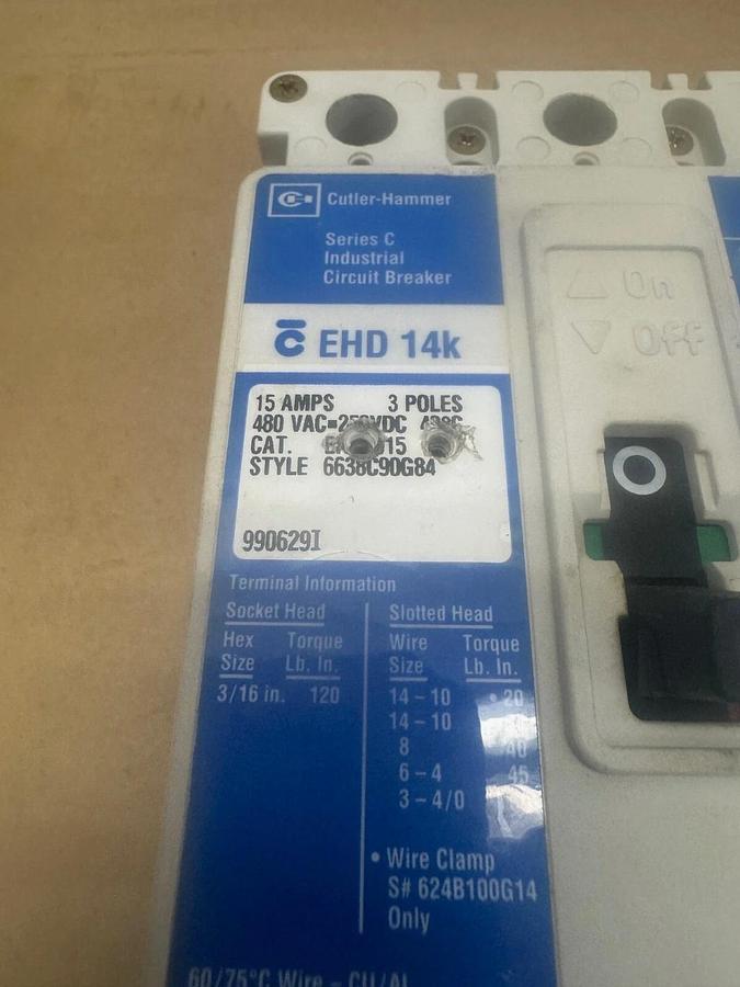 Used Cutler-Hammer EHD 14K Industrial Circuit Breaker, 15 A, 480 VAC, 3 Poles