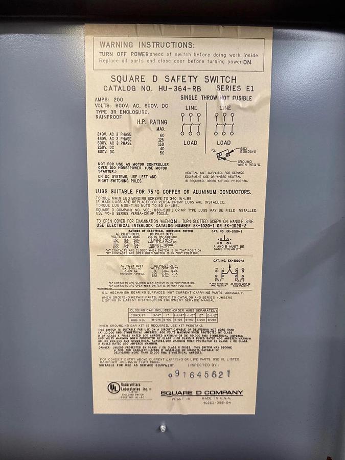 Used Square D HU-364-RB 200A Heavy Duty Safety Switch, 600V