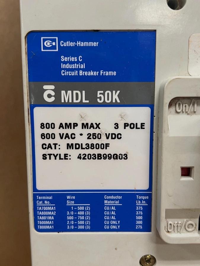 Used Cutler-Hammer MDL3800F 800A Max, 3 Pole 600VAC Ser C Industrial Circuit Breaker