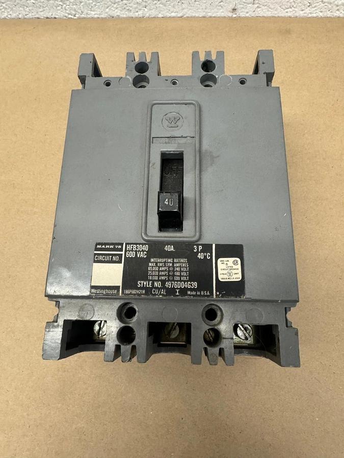 Used Westinghouse HFB3040 Circuit Protector, 40 Amp, 3 Pole, 600 VAC