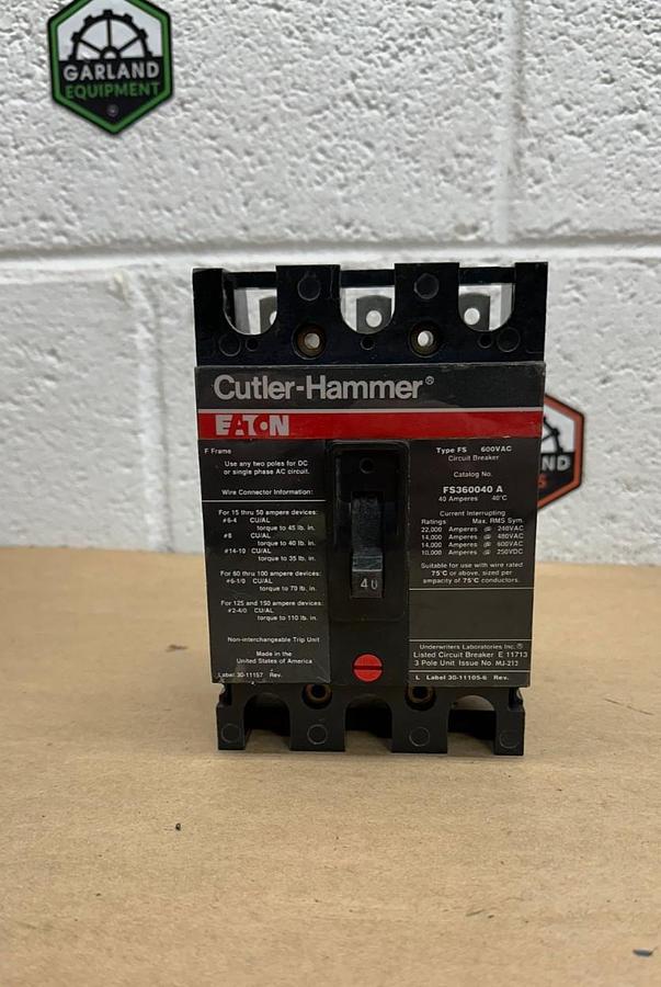 Used Cutler-Hammer Eaton FS360049A 3 Pole Circuit Breaker, 600VAC, 40A