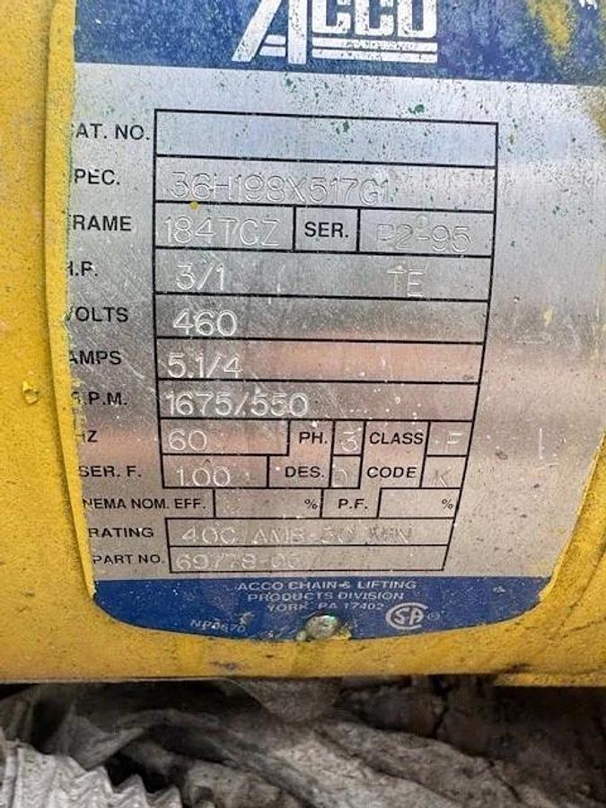 Used Acco 532-20-10486 Electric Hoist, 6000 lbs/3 Ton Capacity