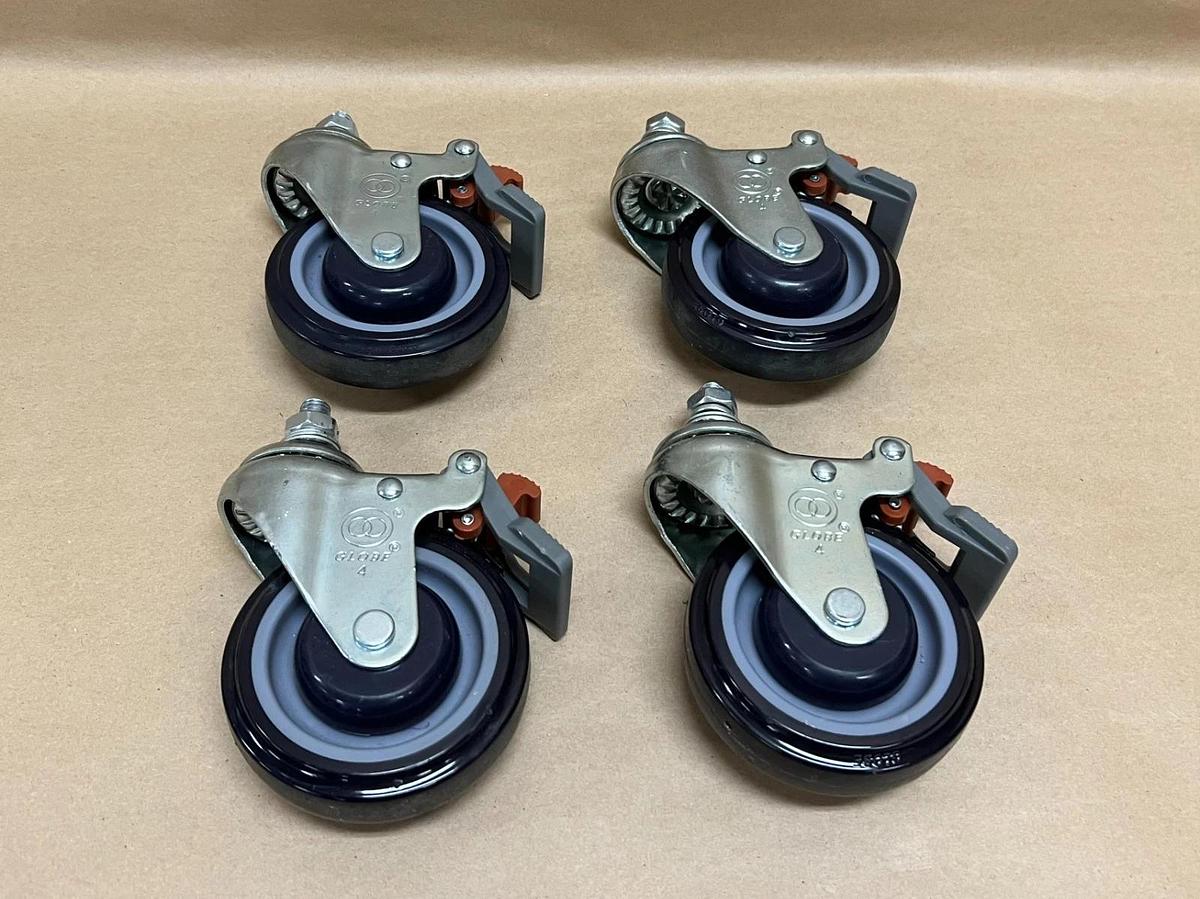 Used Globe 4" Threaded Stem Swivel Caster Wheel w/ Top-Lock Brake - Lot of 4