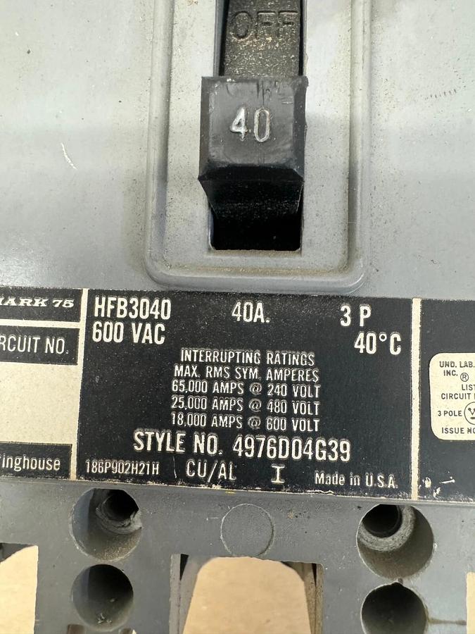 Used Westinghouse HFB3040 Circuit Protector, 40 Amp, 3 Pole, 600 VAC