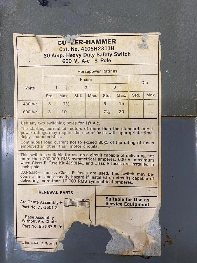 Used Cutler-Hammer 4105H2311H Heavy Duty Safety Switch 30 AMP 600 V 3 Pole