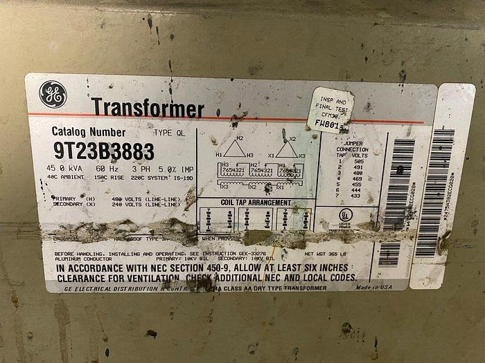 Used General Electric 9T23B3883, 45 KVA Transformer, 3 Phase, Type QL