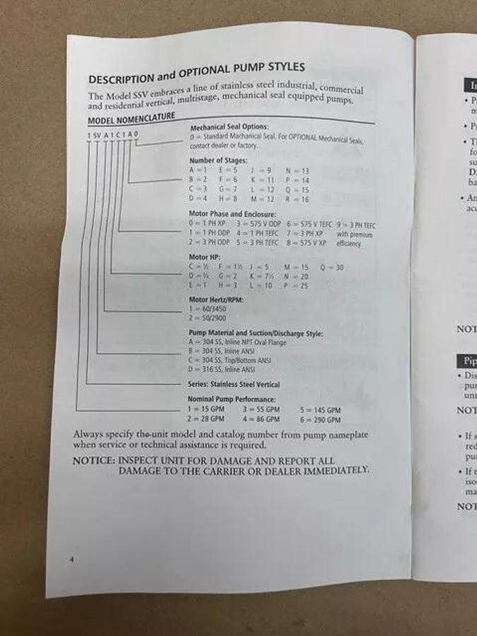 Used Goulds Pump 3SVA1K2GO SS Vertical Multi-Stage Pump w/ Baldor 7.5HP 3450RPM Motor
