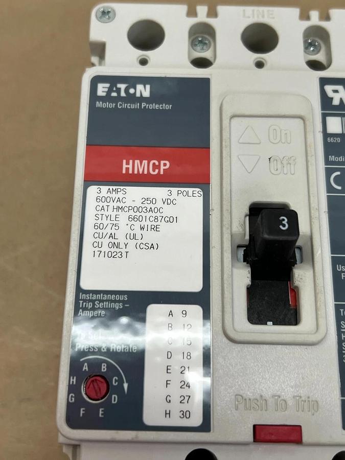 Used Eaton HMCP003A0C Ser C Motor Circuit Protector 3A 3 Poles 600VAC/250VDC