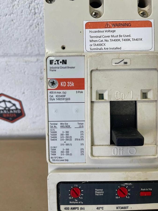 Used Eaton KD3400F Industrial Circuit Breaker, 3-Pole, 400A Max, 600V
