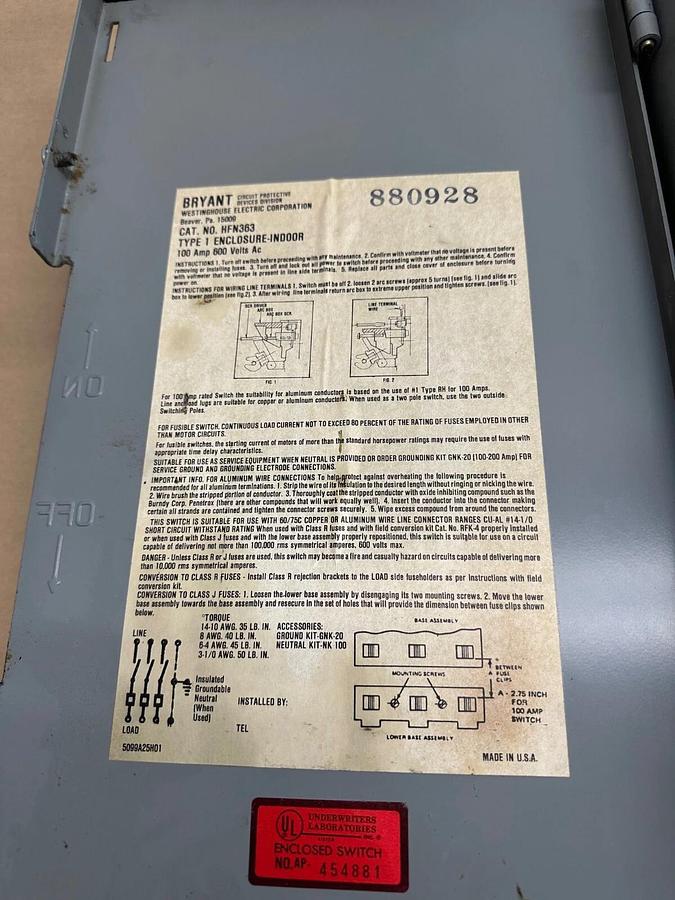 Used Westinghouse Heavy Duty Safety Switch HFN363 100A, 600V