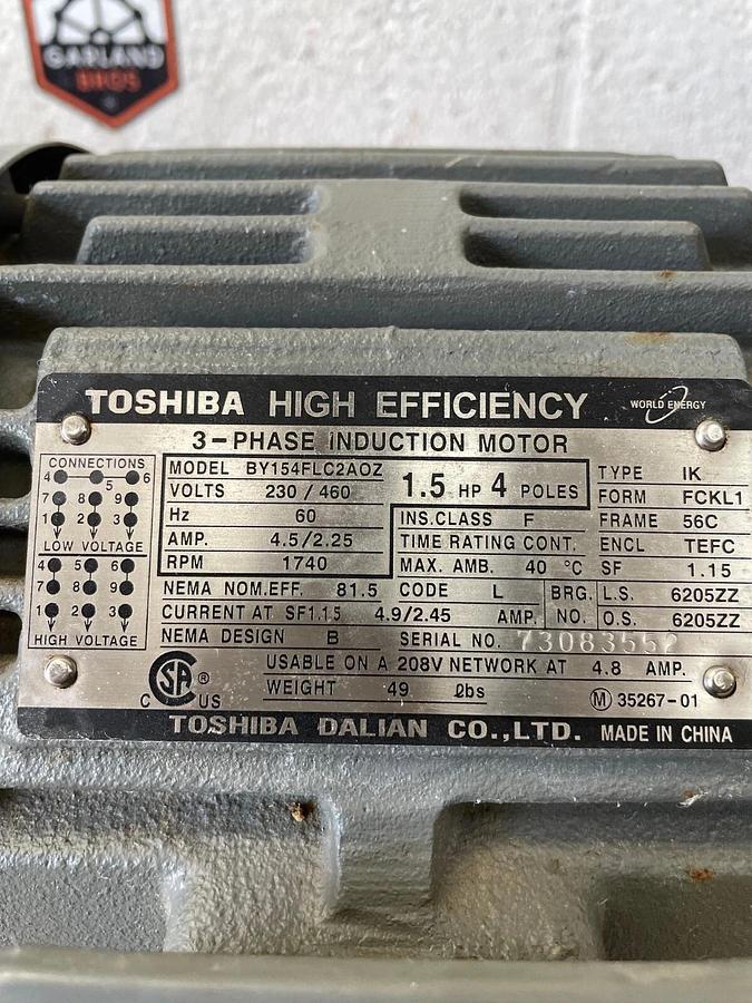 Used Toshiba B0024FLF2AYH 3 Phase Induction Motor, 230/460V, 2Hp, 5.8/2.9 A, 1745 RPM