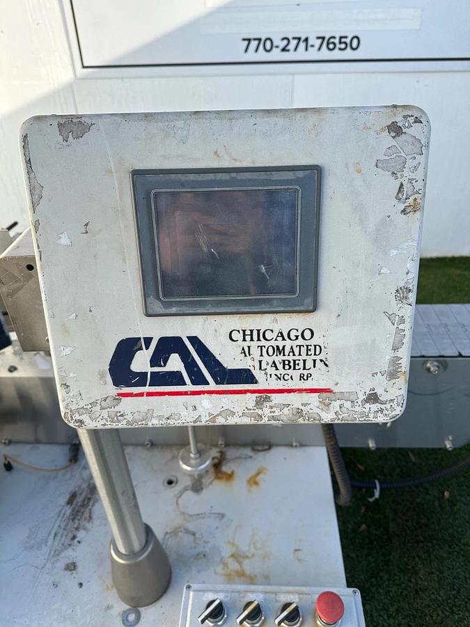 Used Chicago Automated Labeling Wrap Labeler, 120VAC, 20A, 7.5” W x 10’ L Belt