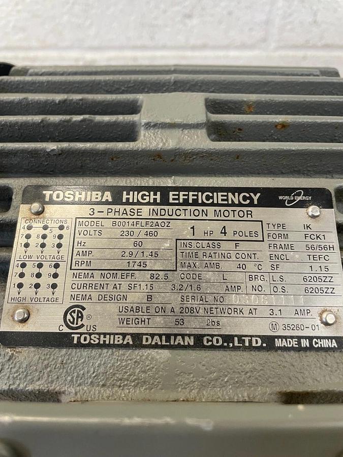 Used Toshiba B0014FLFAOZ 3-Ph Induction Motor 230/460V 2.9/1.45A, 1Hp 4 Pole 1745RPM
