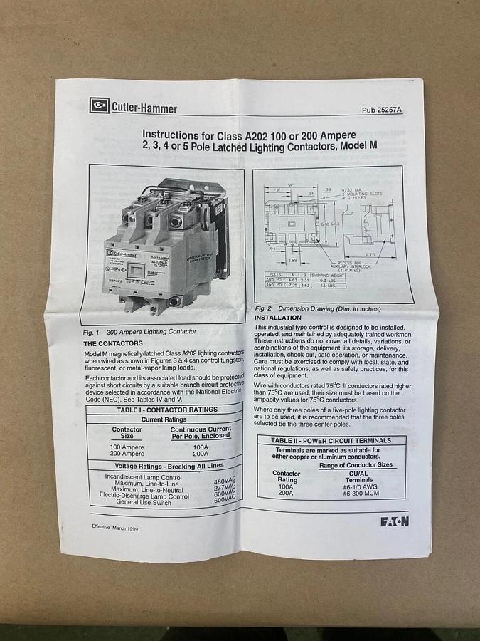 Used Eaton Cutler Hammer ECL04E1A2A Enclosure w Magnetically Latched Contactor 100A