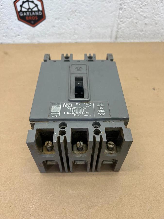 Used Westinghouse HFB3015 15 Amp, 600 VAC Circuit Breaker