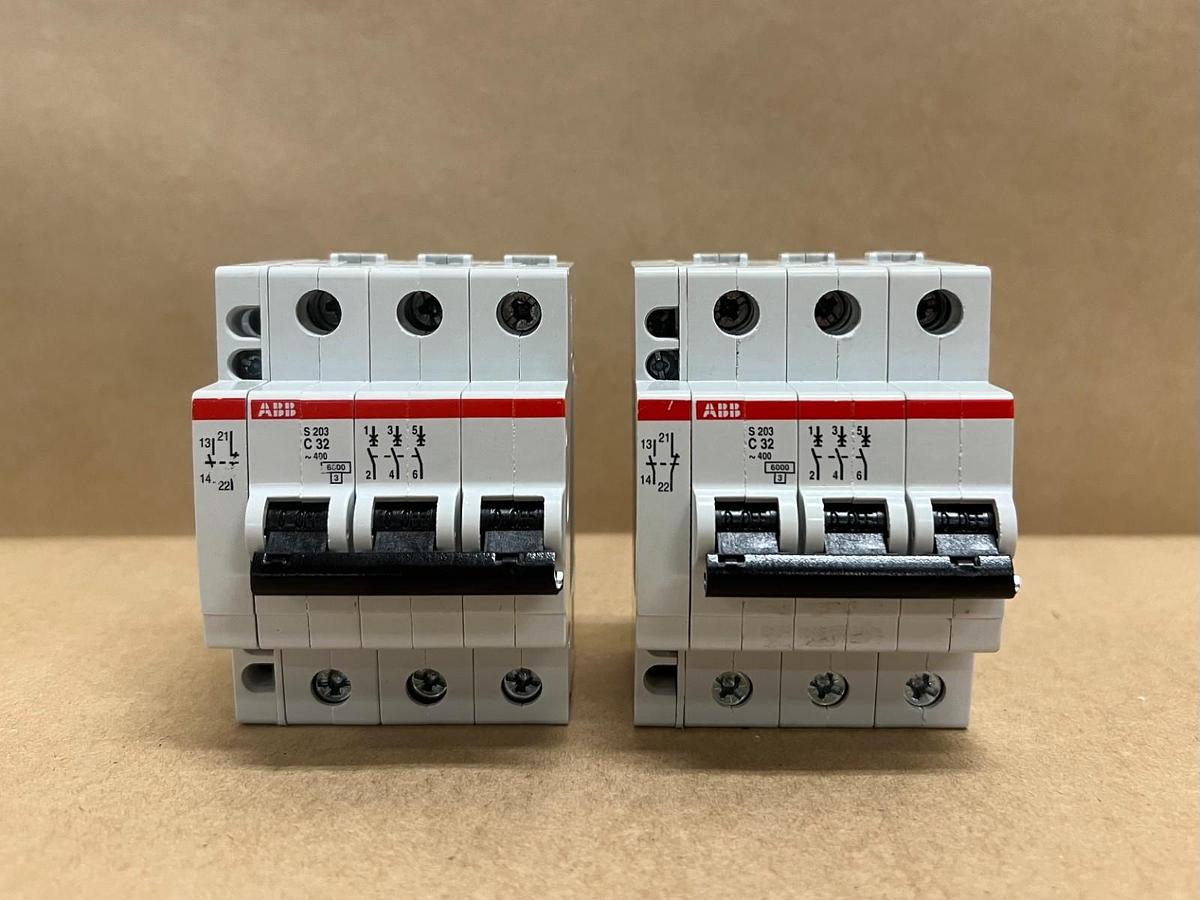 Used ABB S203-C32 3 Pole, 32A Miniature Circuit Breakers - Lot of 2
