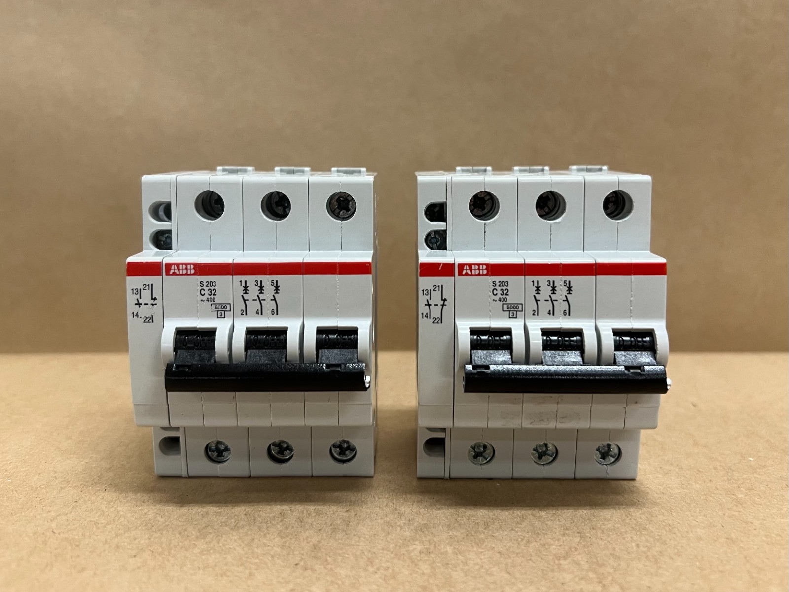 Used ABB S203-C32 3 Pole, 32A Miniature Circuit Breakers - Lot of 2