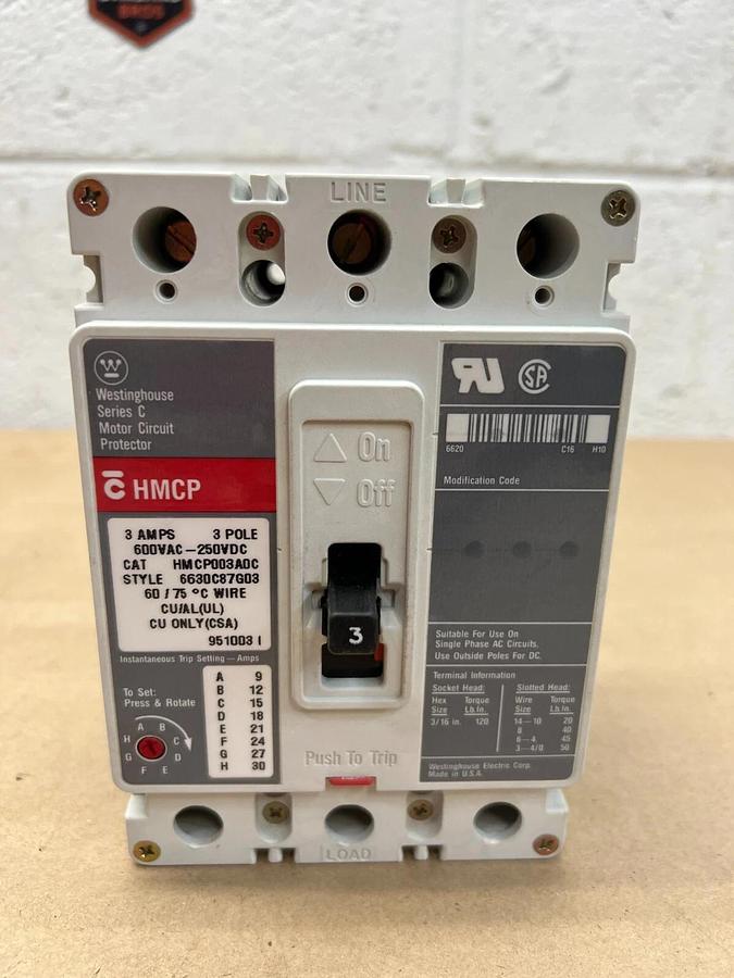 Used Westinghouse HMCP003A0C 3 Pole Motor Circuit Protector