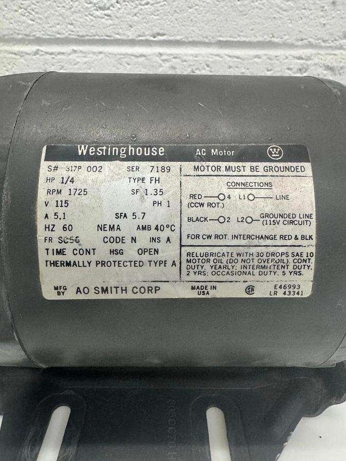 Used Westinghouse 317P-002, 1/4 HP, 1725 RPM, 115V, 1 PH, SC56 FR, 60 Hz