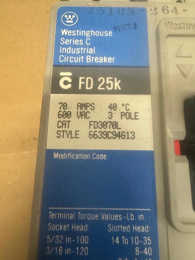 Used Westinghouse FD3070L Circuit Breaker, 70 A, 600 VAC, 3 Pole