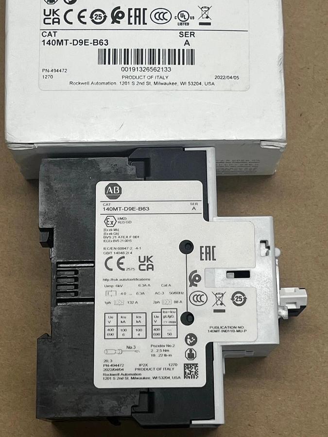 Used Allen Bradley 140MT-D9E-B63 Ser A Motor Protector/Circuit Breaker