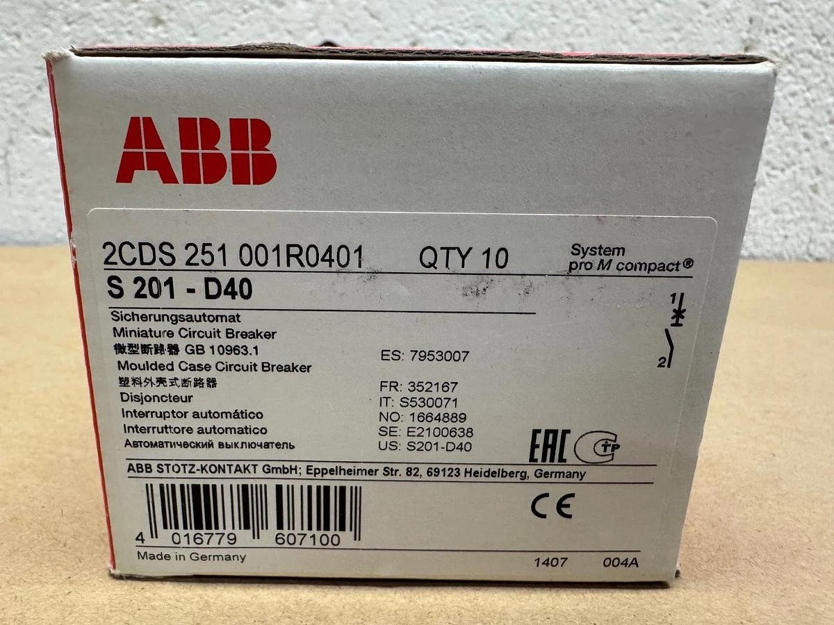Used ABB S 201-D40 Mini Circuit Breaker, 40A, Box of 10 *NEW*